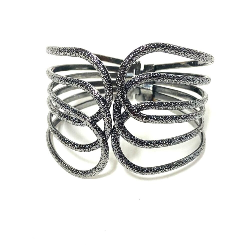 Metal Hinged Cuff Bracelet Textured Charcoal Gray Contemporary Rounded Bands